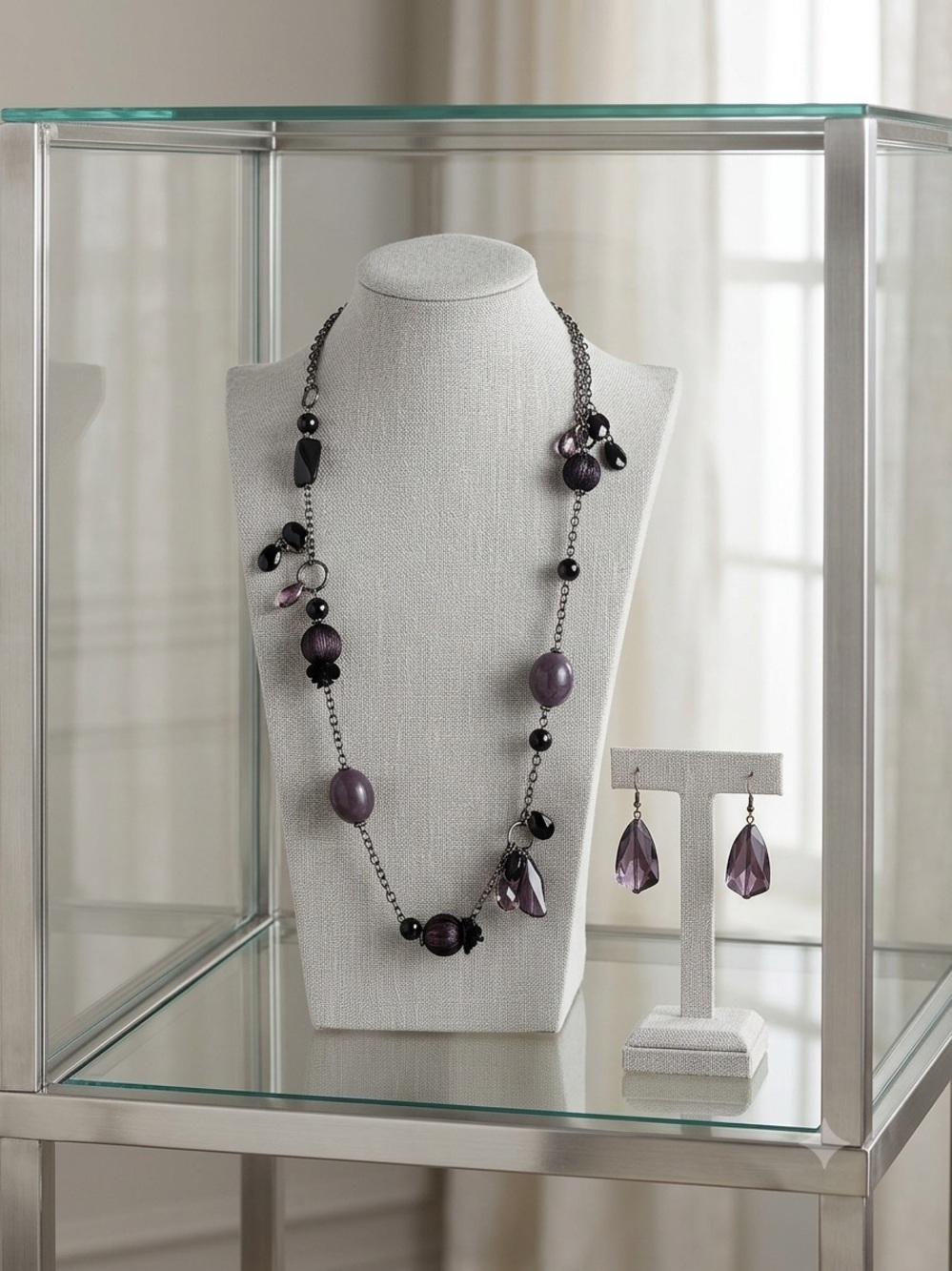 CC Boutique Purple Bead Long Necklace with Matching Teardrop Earrings